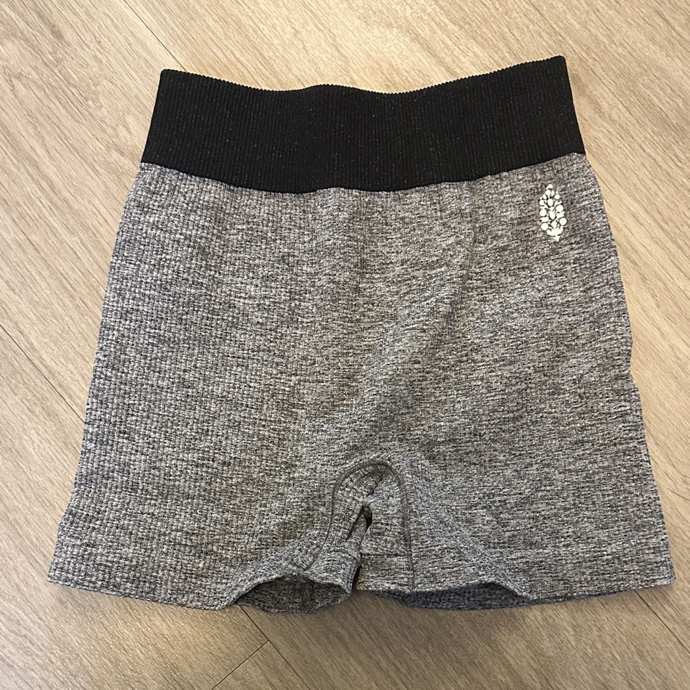 Free People Movement Gray Seamless Ribbed Shorts with Black Waistband